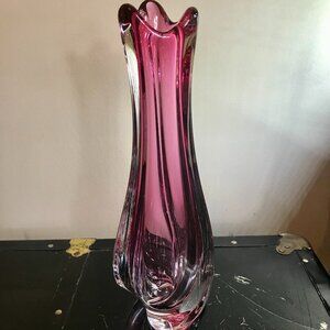 Val St Lambert  Cranberry Pink Crystal Vase Swirl Heavy Glass Signed Bottom